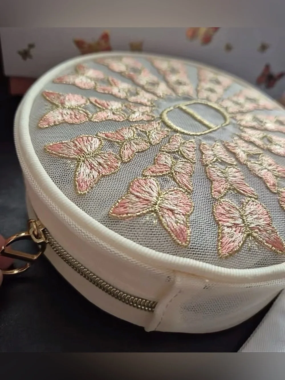 Dior Limited Edition Cosmetic Case with Pink & Gold Butterfly Embroidery 🌸🤩